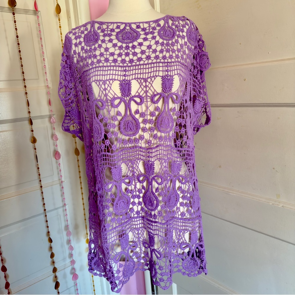 Design Works Purple Crochet Lace Tunic Top L Boho Festival Sheer